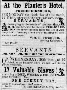 A copy of an advertisement for the sale of slaves and servants happening at the Planter's Hotel.