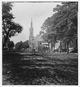 This is a view of the Fredericksburg Baptist Church taken from further down Princess Anne Street, c. 1830.