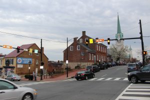 Pictured here is Fredericksburg Town Hall (now the Fredericksburg Area Musuem) viewed from across the intersection of Princess Anne Street